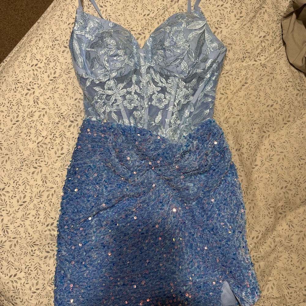 Elegant Blue Lace and Sequin Dress